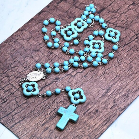 Turquoise Catholic Rosary Cross Religious Praying Fashion Necklace NWOT - Picture 7 of 11